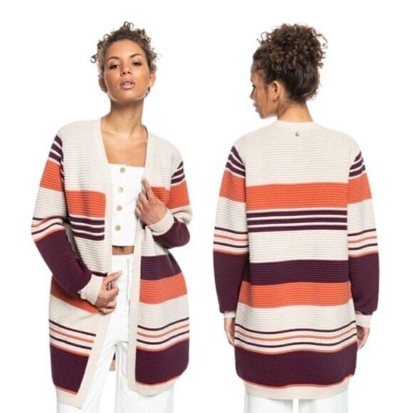 Roxy Above The Sun Colorblock Chunky Ribbed Knit Oversized Cardigan Sweater XS - Picture 1 of 11